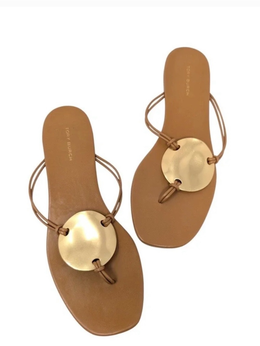 Tory Burch Brown Leather Slide Sandals with Gold Disc
